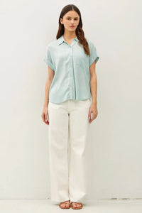 Light blue solid short sleeve button down high low shirt with short sleeve button design for casual wear