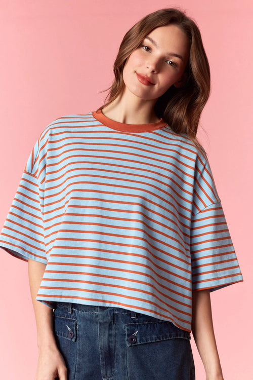 Light blue terracotta stripe short sleeve oversized top with orange crew neck