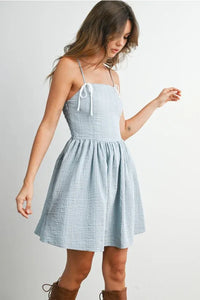 Light blue textured cotton polka dot flare mini dress with white strap fit tie straps
