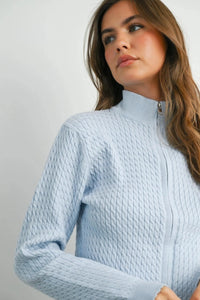 Light blue textured knit long sleeve mock neck cardigan
