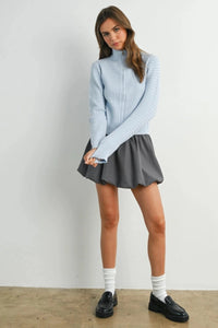 Light blue textured knit long sleeve mock neck cardigan