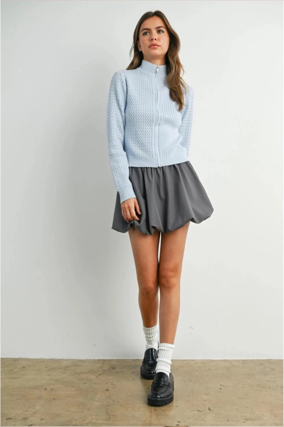 Light blue textured knit long sleeve mock neck cardigan