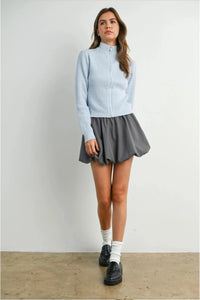 Light blue textured knit long sleeve mock neck cardigan