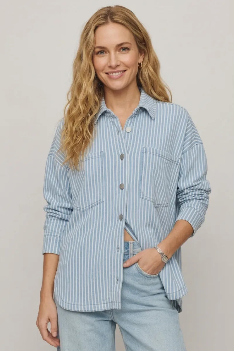 Light blue and white knit stripe jacket with vertical stripes and two chest pockets in a button-up style