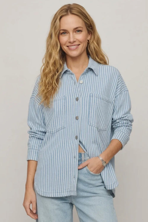 Light blue and white knit stripe jacket with vertical stripes and two chest pockets in a button-up style