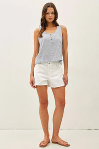 Light blue and white striped henley tank with button detailing sleeveless design for womens boho clothes style