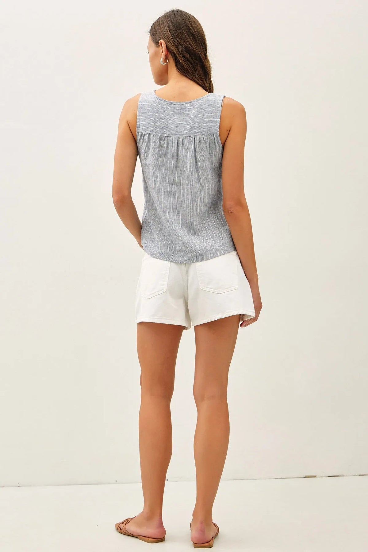 Light blue and white striped henley tank with gathered neckline in a boxy striped style for womens boho clothes