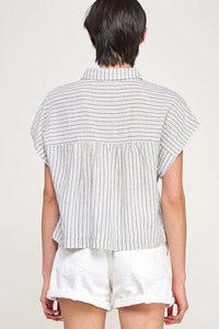Light blue and white cap sleeve striped button down shirt with a relaxed fit and gathered waistline