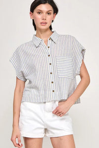A light blue and white cap sleeve striped button down shirt with collar front buttons and a left patch pocket