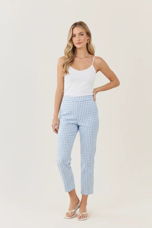 Light blue and white gingham cotton blend elastic back waist cropped trousers for comfortable casual wear