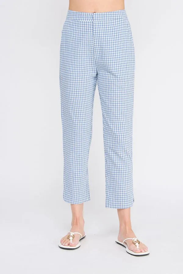 Light blue and white gingham cotton blend elastic back waist cropped trousers for casual wear