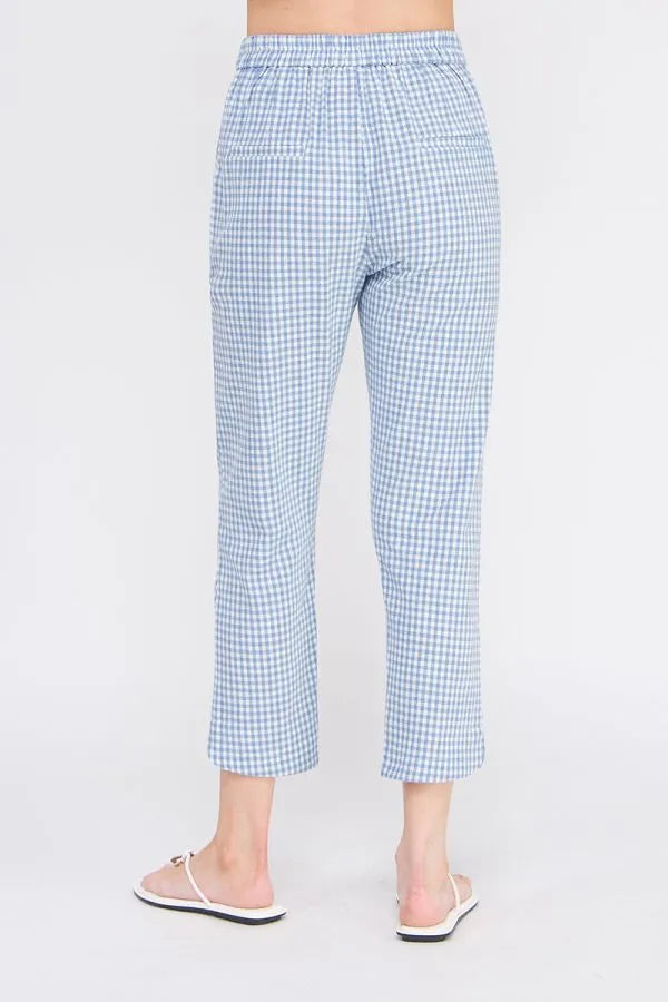 Light blue and white gingham cotton blend cropped trousers with elastic back waistband for comfortable wear