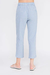 Light blue and white gingham cotton blend cropped trousers with elastic back waistband for comfortable wear