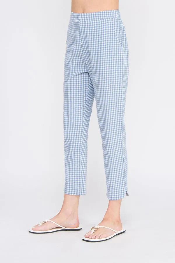 Light blue and white gingham cotton blend cropped trousers with elastic back waist pants for comfortable wear