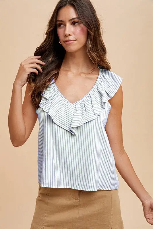 Pin stripe ruffled V neck blouse in light blue and white stripes