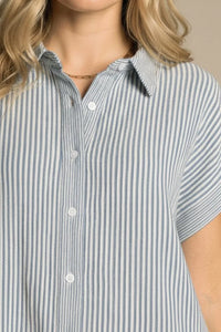 Seamless striped collared shirt dress in light blue and white stripes