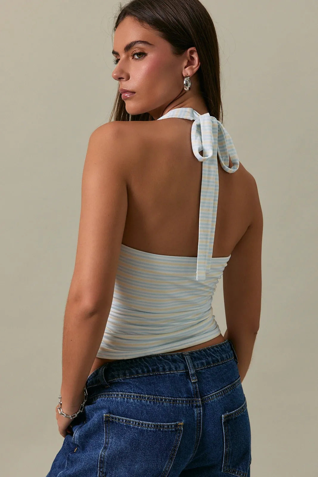Light blue and white ribbed halter neck top with double stripe pattern and tied-back neckband style double stripe halter