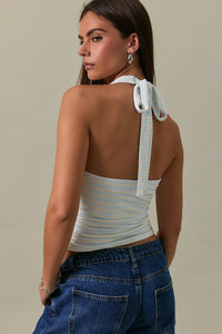 Light blue and white ribbed halter neck top with double stripe pattern and tied-back neckband style double stripe halter