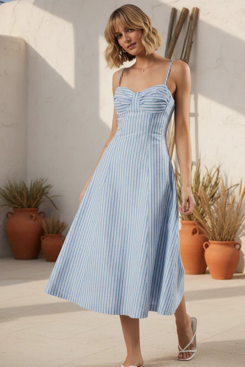 Light blue and white spaghetti adjustable striped midi dress