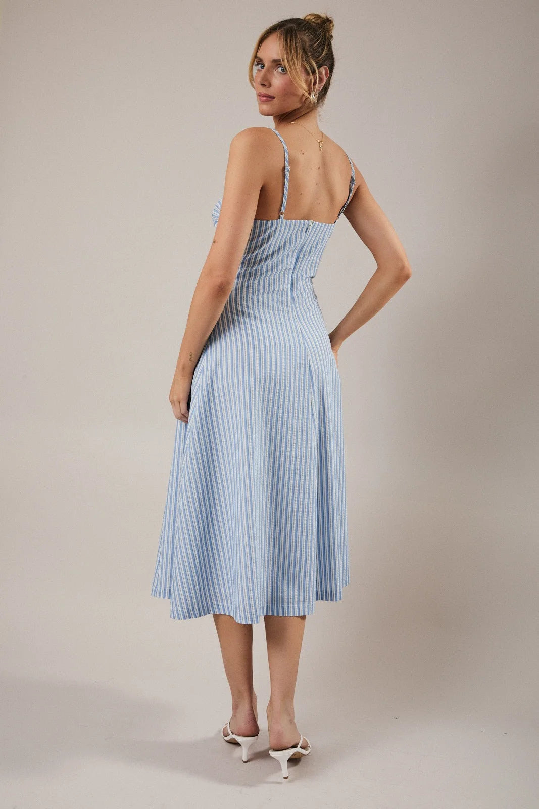 Light blue and white spaghetti adjustable striped midi dress