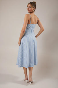 Light blue and white spaghetti adjustable striped midi dress