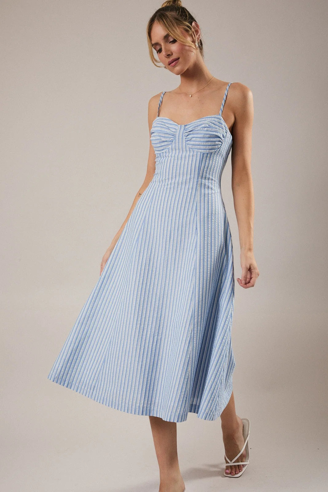 Spaghetti adjustable striped midi dress in light blue and white