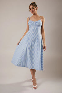 Light blue and white spaghetti adjustable striped midi dress