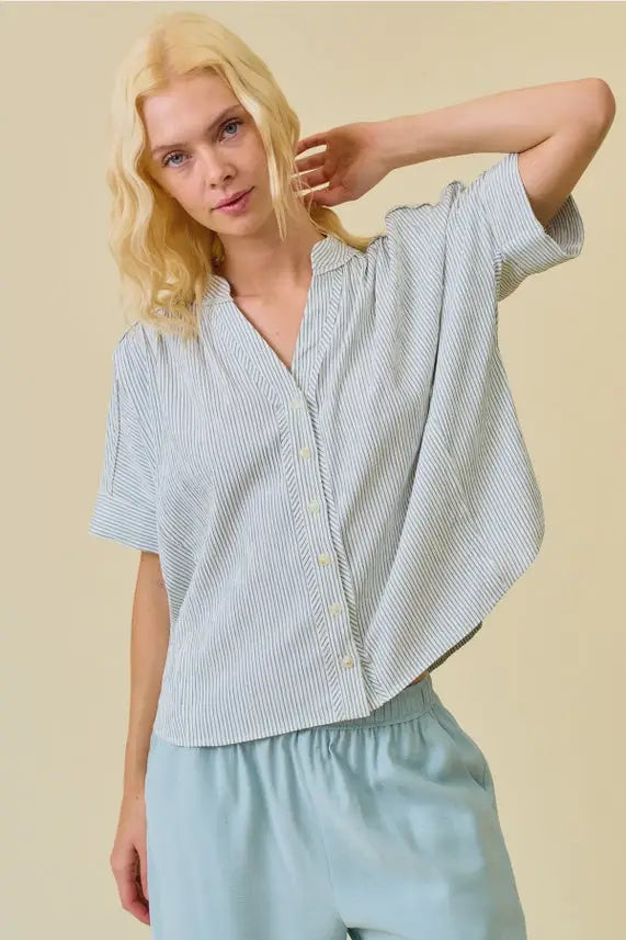 Light blue and white stripe button short-sleeved shirring raw flowy top with a relaxed, oversized fit