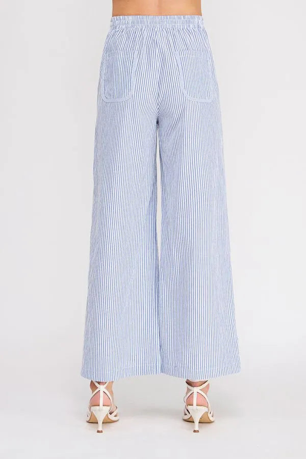 Light blue and white vertically striped wide-leg trousers in a relaxed fit made from woven cotton blend fabric