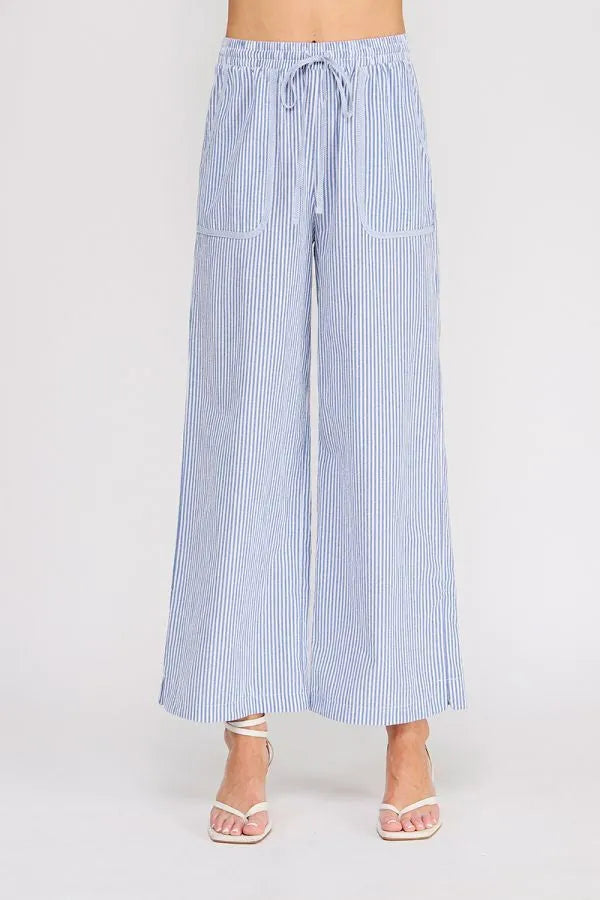 Light blue and white vertically striped woven cotton blend wide-leg pants with drawstring waistband