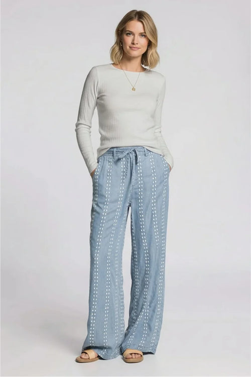 Thread & Supply Natalia Pants: light blue wide-leg trousers with white dot embroidery