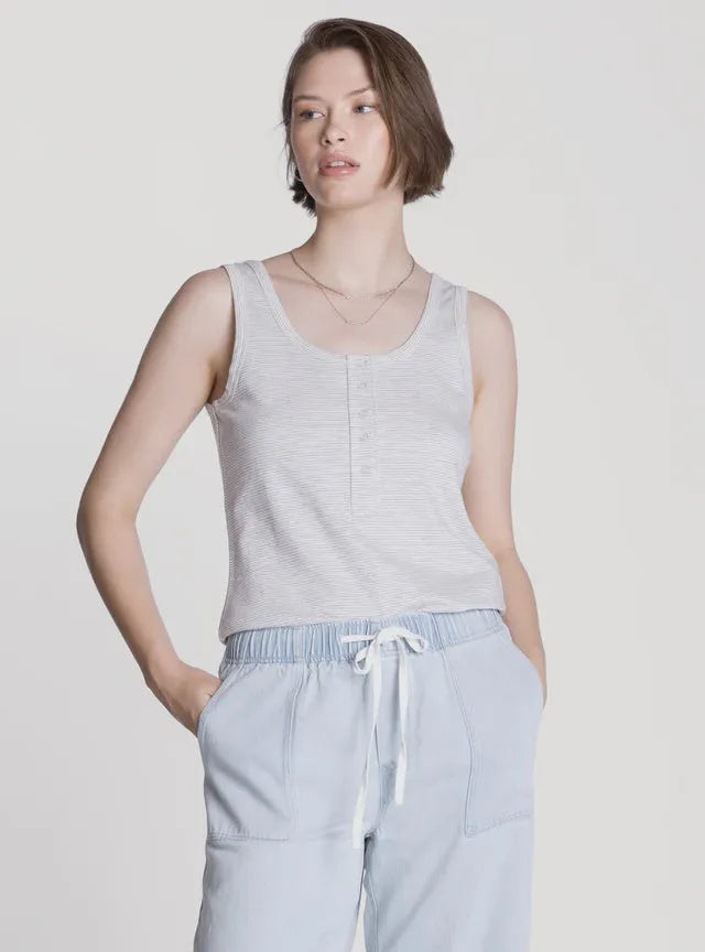 Light gray ribbed knit sleeveless top with button front detail in the Thread and Supply luma tank collection