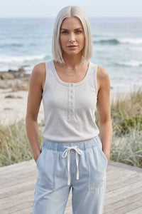 Light gray ribbed cotton luma tank with button front detail from THREAD AND SUPPLY for casual wear