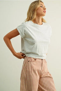 Light gray round neck cuffed sleeve cropped t-shirt