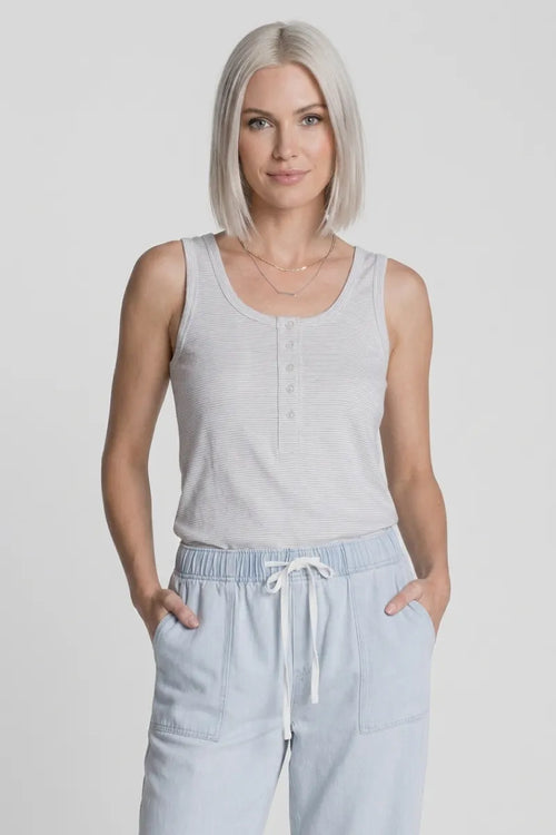 Light gray striped button-down supply luma tank made of soft fabric perfect for casual wear
