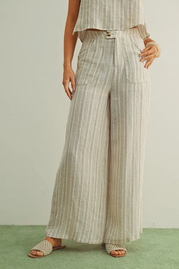 Light gray and white striped jacquard linen pockets pants for women’s boho chic clothing with wide-leg design