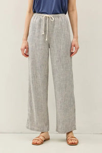 Light gray and white stripy linen wide leg pants with drawstring waistband for comfortable casual wear