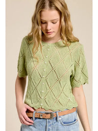 Light green pointelle knit short sleeve cardigan with diamond pattern and scalloped hem in lightweight knit fabric