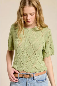 Light green pointelle knit short sleeve cardigan with diamond pattern and scalloped hem for a stylish look