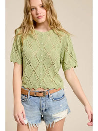 A light green pointelle knit short sleeve cardigan with diamond pattern and button front in soft knit material