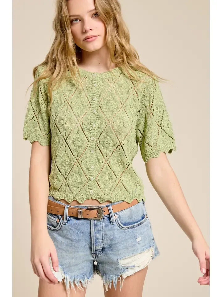 A light green pointelle knit short sleeve cardigan with diamond pattern and button front in soft knit material