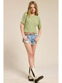 Light green pointelle knit short sleeve cardigan with diamond-patterned lace knit design and scalloped hem