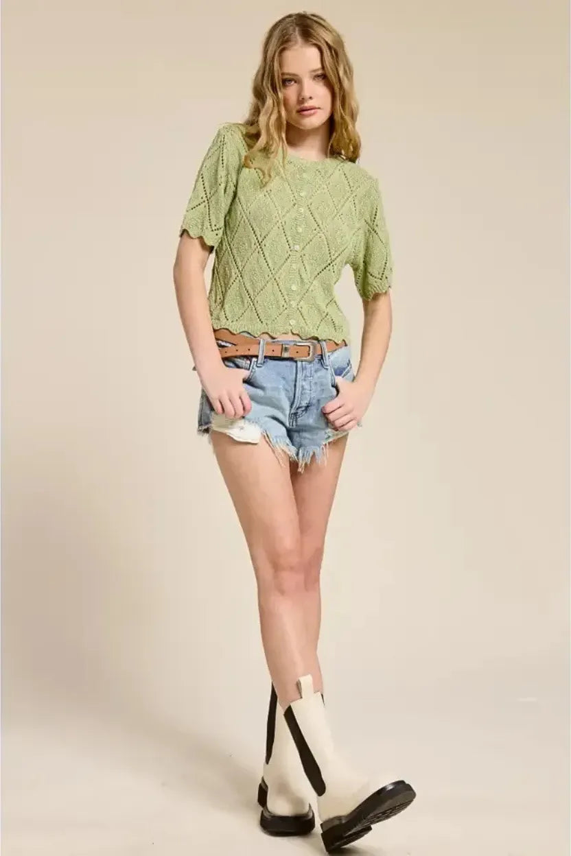Light green pointelle knit short sleeve cardigan with diamond pattern and scalloped hem for lightweight layering