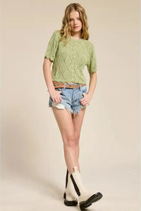 Light green pointelle knit short sleeve cardigan with diamond pattern and scalloped hem for lightweight layering
