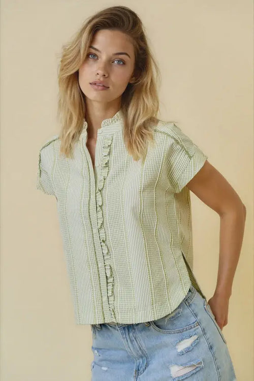 Stripe and gingham button down top in light green and white vertical stripes with ruffled front placket size small women’s boho chic clothing