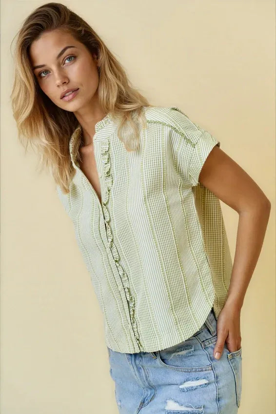 Light green and white vertically striped gingham button down top with ruffled front placket in size small for women’s boho chic clothing