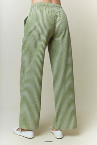 Light green and white yarn dye stripe elastic wide-leg pants with a relaxed fit for comfortable wear