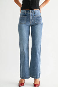 Light-wash patch pocket flare jeans with button fly