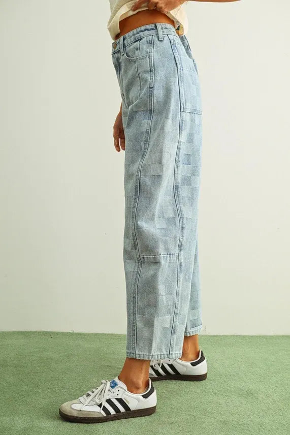 Light-wash pattern barrel denim pants featuring a subtle checker board pattern and relaxed wide-leg cut