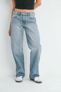 Low rise baggy slouchy denim jean in light-wash relaxed straight-leg cut